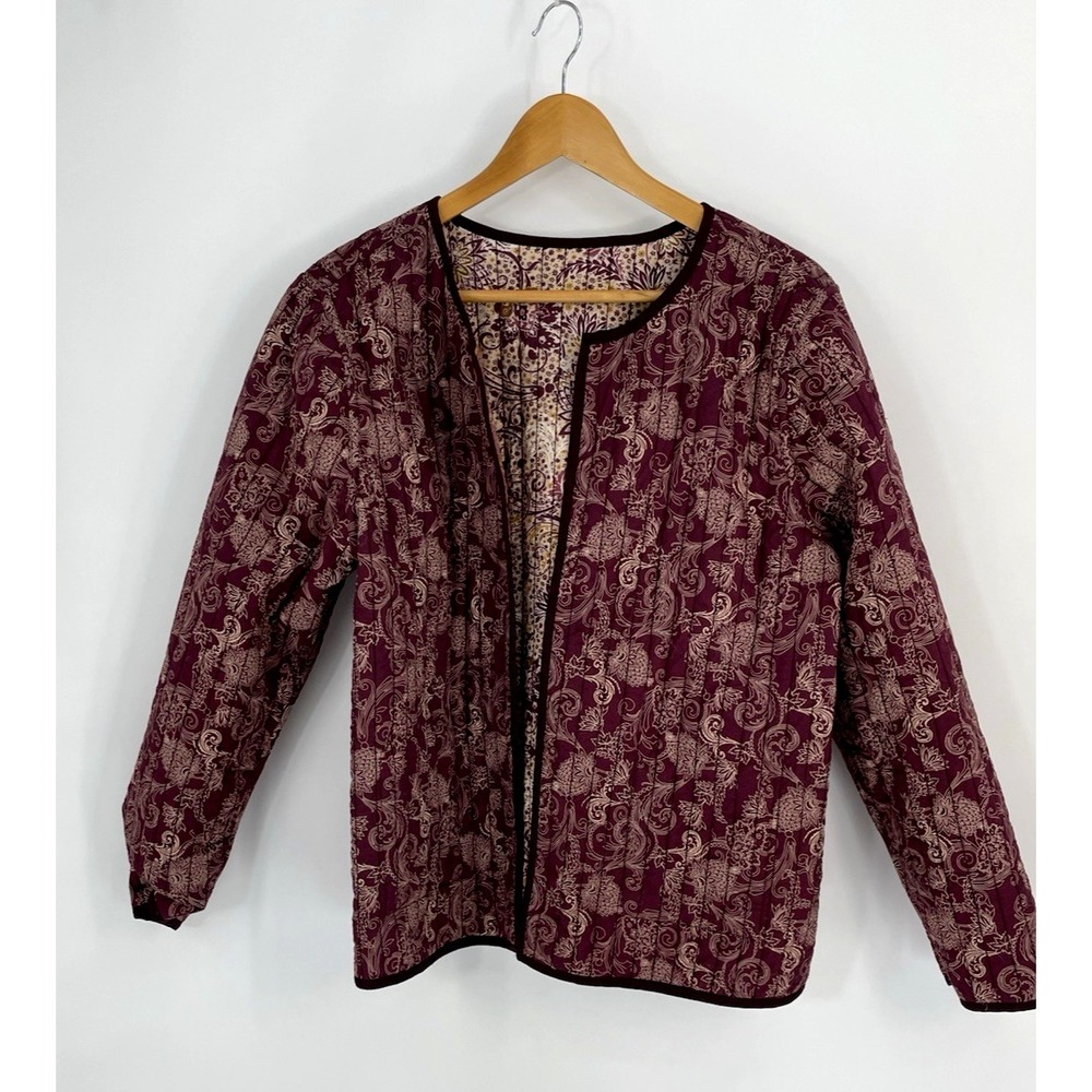 Pure J. Jill Petite L Reversible Quilted Barn Jacket 100% Cotton‎ Burgandy Print
